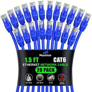 Maximm Cat6 Ethernet Cable 1.5 Ft Blue (20-Pack), 10Gbps 550MHz UTP Cord Maximm Cat6 Ethernet Cable 1.5 Ft Blue (20-Pack), 10Gbps 550MHz UTP Cord