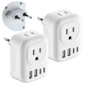 HITRENDS European Travel Plug Adapter 2 Pack, US to Europe Adapter with 2 US Outlets and 4 USB Ports (2 USB C), Type C Travel Adapter for Italy Spain France Germany, European Adapter for Cruise, White HITRENDS European Travel Plug Adapter 2 Pack, US to Europe Adapter with 2 US Outlets and 4 USB Ports (2 USB C), Type C Travel Adapter for Italy Spain France Germany, European Adapter for Cruise, White