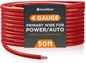 InstallGear 4 Gauge Copper Clad Aluminum Wire - 50 Ft 4GA Power Ground Cable for Car Audio, Battery, RV, Trailer and Automotive Wiring - Flexible Car Amplifier - Red InstallGear 4 Gauge Copper Clad Aluminum Wire - 50 Ft 4GA Power Ground Cable for Car Audio, Battery, RV, Trailer and Automotive Wiring - Flexible Car Amplifier - Red