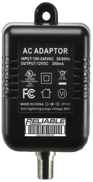 Reliable Cable Power Supply, High Efficiency OEM Replacement Wall Mount Coax Coaxial Power Adapter for CATV Drop Amplifiers 12V 200mA (0.2A) with F-Type Connection, DoE Level VI Rated Reliable Cable Power Supply, High Efficiency OEM Replacement Wall Mount Coax Coaxial Power Adapter for CATV Drop Amplifiers 12V 200mA (0.2A) with F-Type Connection, DoE Level VI Rated