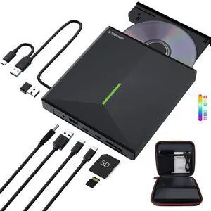 ORIGBELIE External CD DVD Drive with 4 USB Ports and 2 TF/SD Card Slots, USB 3.0 Portable CD/DVD Disk Drive Player Burner Reader Writer for Laptop Mac PC Windows 11/10/8/7 Linux OS with Carrying Case ORIGBELIE External CD DVD Drive with 4 USB Ports and 2 TF/SD Card Slots, USB 3.0 Portable CD/DVD Disk Drive Player Burner Reader Writer for Laptop Mac PC Windows 11/10/8/7 Linux OS with Carrying Case