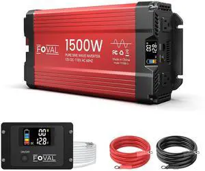 FOVAL 1500W Pure Sine Wave Inverter 12V DC to 110V AC Converter, 3000W Peak Power Inverter with LCD Display and 2 AC Outlets for Home, RV, Truck, and Off-Grid Solar System, Remote Controller FOVAL 1500W Pure Sine Wave Inverter 12V DC to 110V AC Converter, 3000W Peak Power Inverter with LCD Display and 2 AC Outlets for Home, RV, Truck, and Off-Grid Solar System, Remote Controller