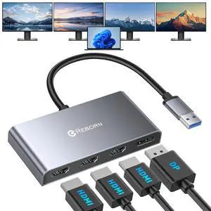 Reborn USB 3.0 to Quad HDMI with DisplayPort Adapter, 1080p@60Hz USB Type-A to 4 Monitor Converter, External Video Graphics Card, HDMI Splitter Extended Display for Mac/Windows for Laptop, Desktops Reborn USB 3.0 to Quad HDMI with DisplayPort Adapter, 1080p@60Hz USB Type-A to 4 Monitor Converter, External Video Graphics Card, HDMI Splitter Extended Display for Mac/Windows for Laptop, Desktops