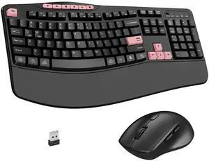 Wireless Keyboard and Mouse Combo, Ergonomic Keyboard with 6 Multimedia Keys, 2.4G Full Size Keyboard with Wrist Rest, 3-Level DPI Wireless Silent Mouse with 6-Buttons, for Windows (Pink Wireless Keyboard and Mouse Combo, Ergonomic Keyboard with 6 Multimedia Keys, 2.4G Full Size Keyboard with Wrist Rest, 3-Level DPI Wireless Silent Mouse with 6-Buttons, for Windows (Pink