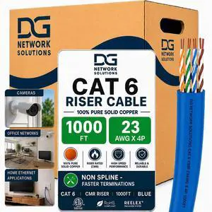 DG Cat6 Riser (CMR), 1000ft, Unshielded, 23AWG, Solid Bare Copper, Up to 10Gb Speeds, No Spline, Faster-Easier Terminations, 550MHz, ETL Listed, Indoor/Home/Commercial Use, Bulk Ethernet Cable, Blue DG Cat6 Riser (CMR), 1000ft, Unshielded, 23AWG, Solid Bare Copper, Up to 10Gb Speeds, No Spline, Faster-Easier Terminations, 550MHz, ETL Listed, Indoor/Home/Commercial Use, Bulk Ethernet Cable, Blue