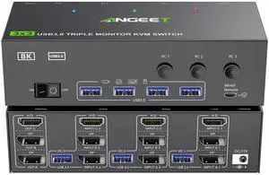 KVM Switch 3 Monitors 3 Computers 8K@60Hz 4K@144Hz, ANGEET HDMI Displayport Triple Monitor KVM Switch, 3 Monitors KVM with 4 USB 3.0 Ports for USB Devices, Wired Remote and Power Adapter Included KVM Switch 3 Monitors 3 Computers 8K@60Hz 4K@144Hz, ANGEET HDMI Displayport Triple Monitor KVM Switch, 3 Monitors KVM with 4 USB 3.0 Ports for USB Devices, Wired Remote and Power Adapter Included