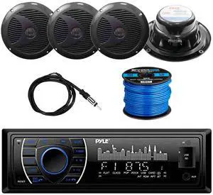 Pyle Single DIN Marine Bluetooth Receiver Stereo Bundle with 6.5" 150 Watt Max Power Dual Cone Waterproof Speakers (Black) (2-Pairs), Marine Antenna, 50' 16G Speaker Wire Pyle Single DIN Marine Bluetooth Receiver Stereo Bundle with 6.5" 150 Watt Max Power Dual Cone Waterproof Speakers (Black) (2-Pairs), Marine Antenna, 50' 16G Speaker Wire