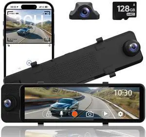 Rear View Mirror Camera, 3 Channel Mirror Dash Cam Front Rear and Inside, 11" Triple Rearview Mirro with 128GB Card, Backup Camera for Car Trucks with WiFi,Reverse Assist,Night Vision,Parking Monitor Rear View Mirror Camera, 3 Channel Mirror Dash Cam Front Rear and Inside, 11" Triple Rearview Mirro with 128GB Card, Backup Camera for Car Trucks with WiFi,Reverse Assist,Night Vision,Parking Monitor