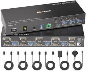 4 Port HDMI KVM Switch 2 Monitors 4 Computers 4K@60Hz EDID Simulation Dual Monitor KVM Switch with 4 USB 3.0 Ports for USB Peripherals, Audio, RS232, with Wired Remote,12V Power and 4 USB Cables 4 Port HDMI KVM Switch 2 Monitors 4 Computers 4K@60Hz EDID Simulation Dual Monitor KVM Switch with 4 USB 3.0 Ports for USB Peripherals, Audio, RS232, with Wired Remote,12V Power and 4 USB Cables