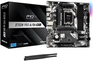 ASRock B760M Pro-A/D4 WiFi Micro ATX Motherboard, Intel LGA1700, DDR4 5333+ (OC), PCIe 4.0, 2.5G LAN, Wi-Fi 6E, 7+1+1 Dr.MOS ASRock B760M Pro-A/D4 WiFi Micro ATX Motherboard, Intel LGA1700, DDR4 5333+ (OC), PCIe 4.0, 2.5G LAN, Wi-Fi 6E, 7+1+1 Dr.MOS