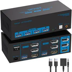 8K KVM Switch 3 Monitors 2 Computers HDMI Displayport 4K@120Hz Triple Monitor KVM Switches for 2 PC Share 4 USB 3.0 Ports Support Extended & Copy Mode Desktop Controller 12V Adapter Included 8K KVM Switch 3 Monitors 2 Computers HDMI Displayport 4K@120Hz Triple Monitor KVM Switches for 2 PC Share 4 USB 3.0 Ports Support Extended & Copy Mode Desktop Controller 12V Adapter Included