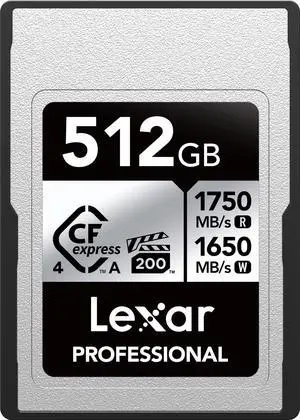 Lexar 512GB Professional CFexpress Type A Silver 4.0 Memory Card, for Photographers, Videographers, Up to max 1750/1650 MB/s, 8K Video (LCAEXS4512G-RNENU) Lexar 512GB Professional CFexpress Type A Silver 4.0 Memory Card, for Photographers, Videographers, Up to max 1750/1650 MB/s, 8K Video (LCAEXS4512G-RNENU)