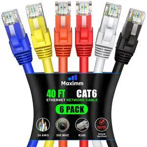 Maximm Cat6 Ethernet Cable 40 Ft Multi-Color (6-Pack), 10Gbps 550MHz UTP Cord Maximm Cat6 Ethernet Cable 40 Ft Multi-Color (6-Pack), 10Gbps 550MHz UTP Cord