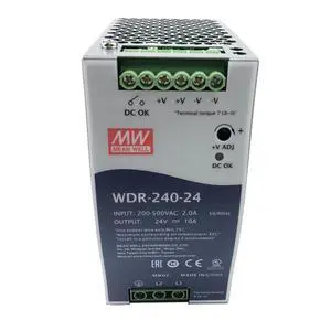 WDR-240-24 240W 24V 10A DIN Rail Power Supply - 91% High Efficiency, Active PFC, Compact Design for Light Load Industrial Control and Automation - 180-550VAC Input, Reliable WDR-240-24 240W 24V 10A DIN Rail Power Supply - 91% High Efficiency, Active PFC, Compact Design for Light Load Industrial Control and Automation - 180-550VAC Input, Reliable