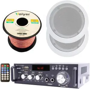Home Theater System Kit 2 Channel, 600 Watts Bluetooth Amplifier w/ 2 Qty of 6.5" Framed Ceiling Speakers 200W Each, 50 ft Speaker Wire & Remote Perfect for Home, Restaurant Use by Technical Pro Home Theater System Kit 2 Channel, 600 Watts Bluetooth Amplifier w/ 2 Qty of 6.5" Framed Ceiling Speakers 200W Each, 50 ft Speaker Wire & Remote Perfect for Home, Restaurant Use by Technical Pro