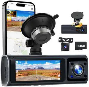 WiFi 2K Dash Cam Front and Rear Inside, Triple Dash Camera for Cars, 2.88 IPS Touchscreen Car Camera, App Control, Night Vision, 24H Parking Mode, G-Sensor,64GB SD Card WiFi 2K Dash Cam Front and Rear Inside, Triple Dash Camera for Cars, 2.88 IPS Touchscreen Car Camera, App Control, Night Vision, 24H Parking Mode, G-Sensor,64GB SD Card