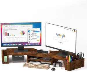 Wood Dual Monitor Stand Riser, Desk Organizers and Accessories with Storage Pen Holders, Adjustable Length and Angle 3 Shelf Extra Long 46" Desktop Organizer for 2 Monitors, Computer, Laptop, TV,Rusti Wood Dual Monitor Stand Riser, Desk Organizers and Accessories with Storage Pen Holders, Adjustable Length and Angle 3 Shelf Extra Long 46" Desktop Organizer for 2 Monitors, Computer, Laptop, TV,Rusti