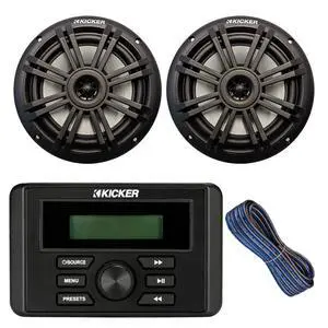 Kicker Weather-Resistant Marine Bluetooth USB AM/FM Stereo Receiver Bundle Combo with 1 Pair (Qty 2) of 6.5" 2-Way 150W Max Power Coaxial Black Marine Audio Speakers, 50-Feet 16-Gauge Speaker Wire Kicker Weather-Resistant Marine Bluetooth USB AM/FM Stereo Receiver Bundle Combo with 1 Pair (Qty 2) of 6.5" 2-Way 150W Max Power Coaxial Black Marine Audio Speakers, 50-Feet 16-Gauge Speaker Wire