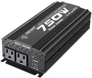 Tebrol 750W Black Car Power Inverter, 12V to 110V/120V, 2 AC Outlets, 2 USB Ports, Battery Clamps, Ideal for Vehicles, Trucks, Camping Tebrol 750W Black Car Power Inverter, 12V to 110V/120V, 2 AC Outlets, 2 USB Ports, Battery Clamps, Ideal for Vehicles, Trucks, Camping