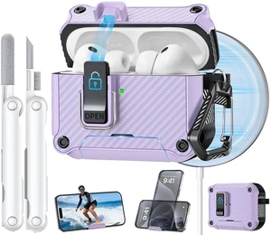Dual Safety Lock for AirPods Pro 3 Case 2025, Compatible with MagSafe - Designed with Automatic Switch and Phone Stand, Includes a Cleaner & Keychain - Rugged Tough Hard Shell Dual Safety Lock for AirPods Pro 3 Case 2025, Compatible with MagSafe - Designed with Automatic Switch and Phone Stand, Includes a Cleaner & Keychain - Rugged Tough Hard Shell