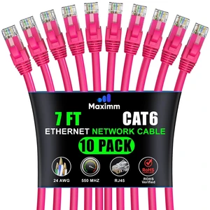 Maximm Cat6 Ethernet Cable 7 Ft, 10 Gbps 550 MHz, Pink, 10 Pack Maximm Cat6 Ethernet Cable 7 Ft, 10 Gbps 550 MHz, Pink, 10 Pack