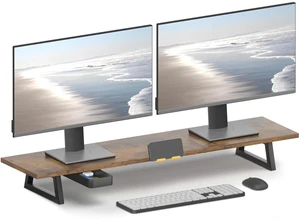 TEAMIX 39.4 inch Dual Monitor Stand Riser with Drawer & Phone Holder, Brown TEAMIX 39.4 inch Dual Monitor Stand Riser with Drawer & Phone Holder, Brown