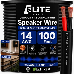 Elite 14/2 Speaker Wire 100ft, UL Listed, CMR/CL3R, (Riser/In-Wall & Outdoor/In-Ground (Direct Burial)- 100% Oxygen Free Pure Bare Copper (OFC), 14AWG/2-Conductor, 100ft Bulk Cable (105 strands) Black Elite 14/2 Speaker Wire 100ft, UL Listed, CMR/CL3R, (Riser/In-Wall & Outdoor/In-Ground (Direct Burial)- 100% Oxygen Free Pure Bare Copper (OFC), 14AWG/2-Conductor, 100ft Bulk Cable (105 strands) Black