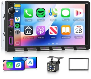 Double Din Car Stereo with Wireless Carplay and Android Auto, 7 Inch Piano Keys Touch Screen CarRadio with Bluetooth, FM Radio, EQ, Online Video, Mirror Link, USB/AUX/Type-C, SWC+ Backup Camera Double Din Car Stereo with Wireless Carplay and Android Auto, 7 Inch Piano Keys Touch Screen CarRadio with Bluetooth, FM Radio, EQ, Online Video, Mirror Link, USB/AUX/Type-C, SWC+ Backup Camera
