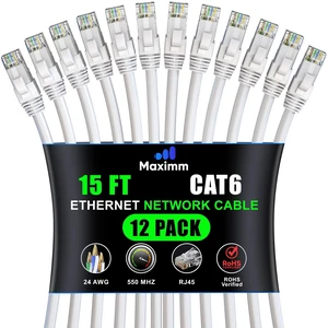 Maximm Cat6 Ethernet Cable 15 Ft White (12-Pack), 10Gbps 550MHz UTP Cord Maximm Cat6 Ethernet Cable 15 Ft White (12-Pack), 10Gbps 550MHz UTP Cord