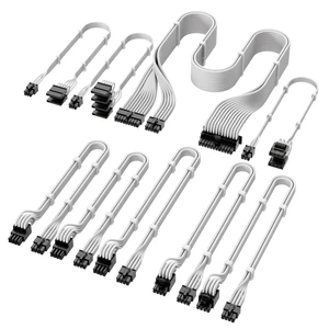 X-Enlazar PSU Cable Kit for Super Flower Power Supplies - 90-Degree Connectors, Individually Sleeved with Braiding & Combs, 16AWG Wire, 9-Piece Kit, Type-B PCIe GPU Connectors - White X-Enlazar PSU Cable Kit for Super Flower Power Supplies - 90-Degree Connectors, Individually Sleeved with Braiding & Combs, 16AWG Wire, 9-Piece Kit, Type-B PCIe GPU Connectors - White