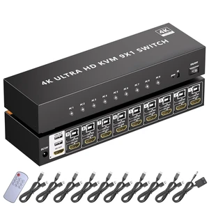 HDMI KVM Switch 9 Port, 4K@60Hz KVM Switch 9 Computers Share 1 Monitor and Keyboard Mouse, with USB 2.0 Ports, Support Button Switch/IR Remote Control, Adaptive EDID, Plug and Play.No EDID Simulation HDMI KVM Switch 9 Port, 4K@60Hz KVM Switch 9 Computers Share 1 Monitor and Keyboard Mouse, with USB 2.0 Ports, Support Button Switch/IR Remote Control, Adaptive EDID, Plug and Play.No EDID Simulation