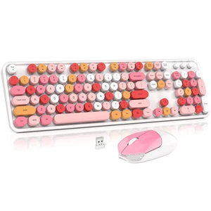 Wireless Keyboard and Mouse Combo, MOWUX Full Size Typewriter Retro Round Computer Keyboard, Mouse Wireless, Plug and Play, for Laptop, PC, Computer- White Colorful Wireless Keyboard and Mouse Combo, MOWUX Full Size Typewriter Retro Round Computer Keyboard, Mouse Wireless, Plug and Play, for Laptop, PC, Computer- White Colorful