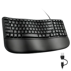 SANWA Wired Ergonomic Keyboard, Curved Wave Keyboard with Cushioned Wrist Rest, Compact Full-Size Layout, USB-A & C Port, 13 Shortcuts Keys, Natural Typing, Compatible with Win/Mac, Laptop, PC, Black SANWA Wired Ergonomic Keyboard, Curved Wave Keyboard with Cushioned Wrist Rest, Compact Full-Size Layout, USB-A & C Port, 13 Shortcuts Keys, Natural Typing, Compatible with Win/Mac, Laptop, PC, Black