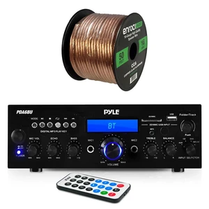 Pyle PDA6BU Amplifier Receiver Stereo, Bluetooth, AM/FM Radio, USB Flash Reader, Aux input (3.5mm) LCD Display, 200 Watt - Bundle With Enrock 50ft 16g Speaker Wire Pyle PDA6BU Amplifier Receiver Stereo, Bluetooth, AM/FM Radio, USB Flash Reader, Aux input (3.5mm) LCD Display, 200 Watt - Bundle With Enrock 50ft 16g Speaker Wire