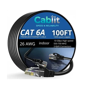 CABLIT Cat6A Ethernet Cable 100ft 10Gbps 26AWG Bare Copper UTP, 550MHz High-Speed LAN Network Patch Cord, Snagless RJ45 Gold-Plated Connectors, Black CABLIT Cat6A Ethernet Cable 100ft 10Gbps 26AWG Bare Copper UTP, 550MHz High-Speed LAN Network Patch Cord, Snagless RJ45 Gold-Plated Connectors, Black