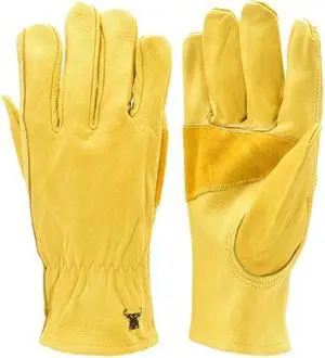 G & F Cowhide Leathers Gloves 6203, Reinforced Patch Palm, Unisex Yellow Garden Work L 3 Pairs