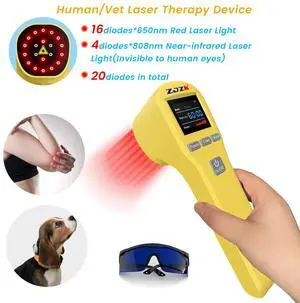 ZJZK LLLT Cold Laser Therapy Device 4*808nm & 16*650nm Human/Vet Handheld Infrared Red Light Therapy, human,Pet Dogs Treatment Device for Muscle Pain Relief & Improve Healing Yellow