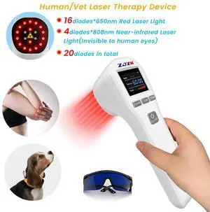 ZJZK LLLT Cold Laser Therapy Device 4*808nm & 16*650nm Human/Vet Handheld Infrared Red Light Therapy, human,Pet Dogs Treatment Device for Muscle Pain Relief & Improve Healing White