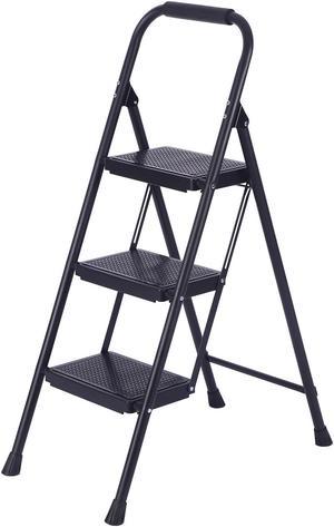 Newlemo Step Ladder, Step Ladder 3 Step Folding, Step Stool for Adults, 500 Lb Load Bearing Steel Ladder with Convenient Handle and Non-Slip Wide Treads for Family Kitchen Home, Black