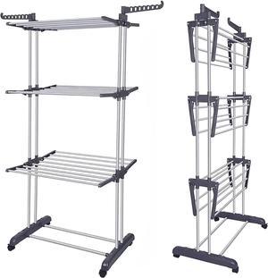 Newlemo Clothes Drying Rack,Folding 4-Tier Laundry Drying Rack with 2 Adjustable Side Wings,Expandable Clothes Drying Rack Dryer Hanger Rack, Grey