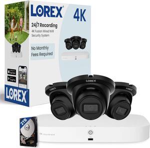 Lorex Fusion 4K Security Camera System 2TB NVR  16 Channel (Wired & Fusion WiFi) PoE Security System, 3 Dome IP Cameras, Black - Color Night Vision