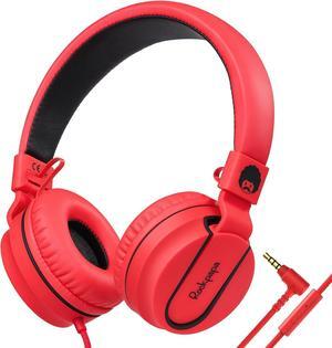 rockpapa 950 Wired Headphones for Kids Girls Boys for School Classroom with Microphone, On-Ear Foldable Corded Headphones with Jack 3.5mm for Laptop Computer Tablet Chromebooks Black Red