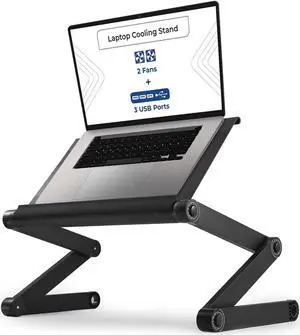 WorkEZ Executive Adjustable Laptop Stand for Desk w/2 Fans & 3 USB Ports, Ergonomic Foldable Laptop Holder Portable Computer Stand Laptop Riser, Black