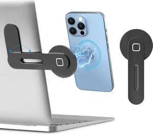 imluckies Magnetic Laptop Phone Holder, Adjustable Computer Monitor Side Mount Clip Compatible with iPhone 16 15 14 13 12 Series & MagSafe Case & All Phones, Portable Foldable Computer Bracket, Black
