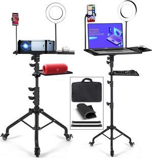 Projector Tripod Stand with Wheels Adjustable Height Laptop Tripod Stand with LED Ring Light Carrying Bag 2 Shelves Mouse Tray Phone Holder Projector Music Stand Portable Laptop Floor Stand