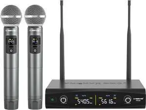Phenyx Pro Wireless Microphone System, Metal Wireless Mic Set with Case,Handheld Cordless Dynamic Microphones for Singing, Karaoke, Church, DJ, 2x30 UHF Adjustable Frequencies,200ft Range (PTU-52-2H)