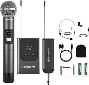 Phenyx Pro Dual Digital Wireless Microphone System, w/Handheld Dynamic Microphone, Bodypack Transmitter, Mini Receiver, 2x15 UHF Frequencies, Headset/Lapel Mic for Singing (PDP-2-1H1B)