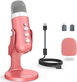 ZealSound Gaming USB Pink Microphone with Quick Mute for Phone Computer PC PS5,Studio Mic with Gain Control,Echo&Monitor Volume Adjust for Streaming Vocal Recording ASMR Podcast Video K66