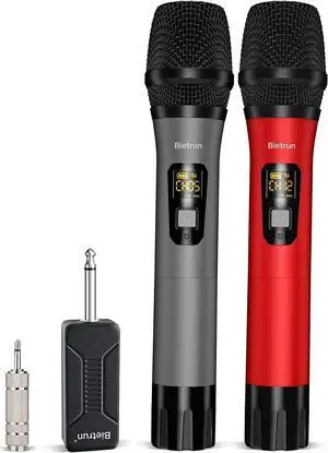 Bietrun Wireless Microphone, Professional UHF Metal Dual Handheld Cordless Dynamic Mic System Set with Rechargeable Receiver, 1/4Output, Plug and Play, Instrument-Wireless-Mics for Karaoke, Wedding