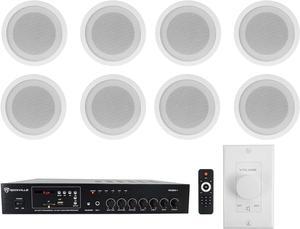 Rockville Commercial Restaurant Amp+(8) 5" White Ceiling Speakers+Wall Control